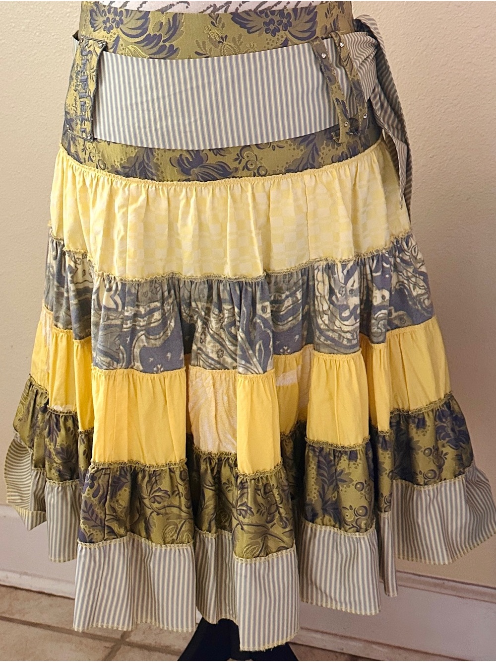 French Designer AirField Yellow & Grey Tiered Multi-Fabric Skirt